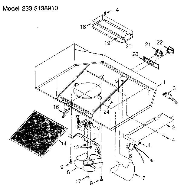 Range Hood Diagram and Parts List for 2335338910  Kenmore Range Hood