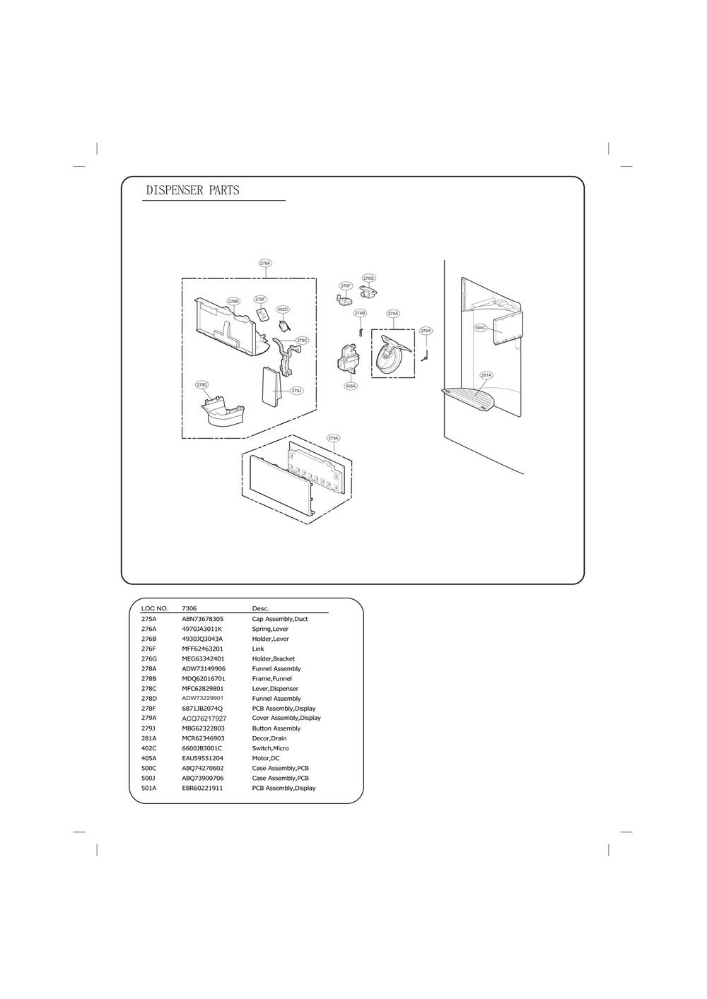 Dispenser Parts Diagram and Parts List for GC-J288GSXM ASTCSE0 LG Refrigerator