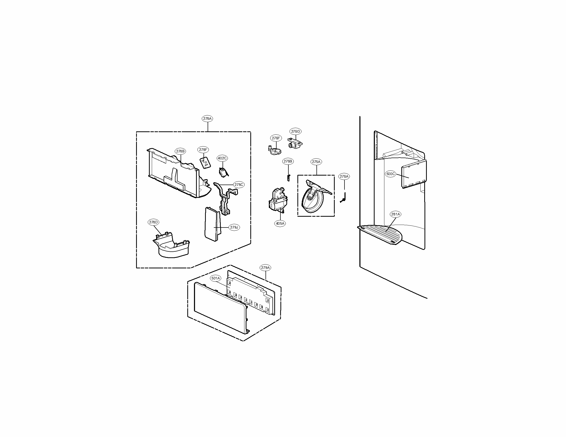 Dispenser Parts Diagram and Parts List for 79572032111  Kenmore Refrigerator