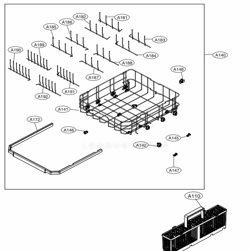 Bottom Rack Assembly Diagram and Parts List for 14673 ASTESEU LG Dishwasher