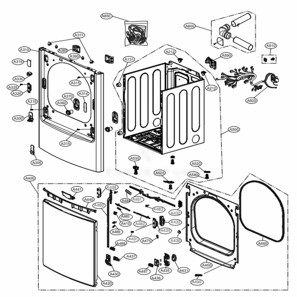 Cabinet And Door Assembly: Gas Type Diagram and Parts List for DLGX7711WE ABWEEUS LG Dryer
