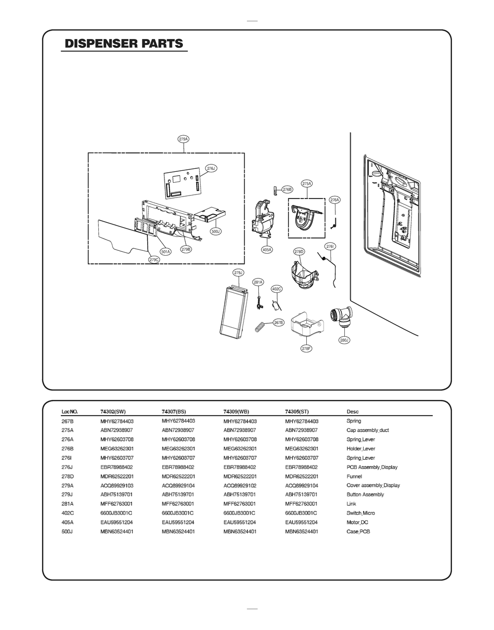 Dispenser Parts Diagram and Parts List for GR-L318LKUM ASBCSE0 LG Refrigerator