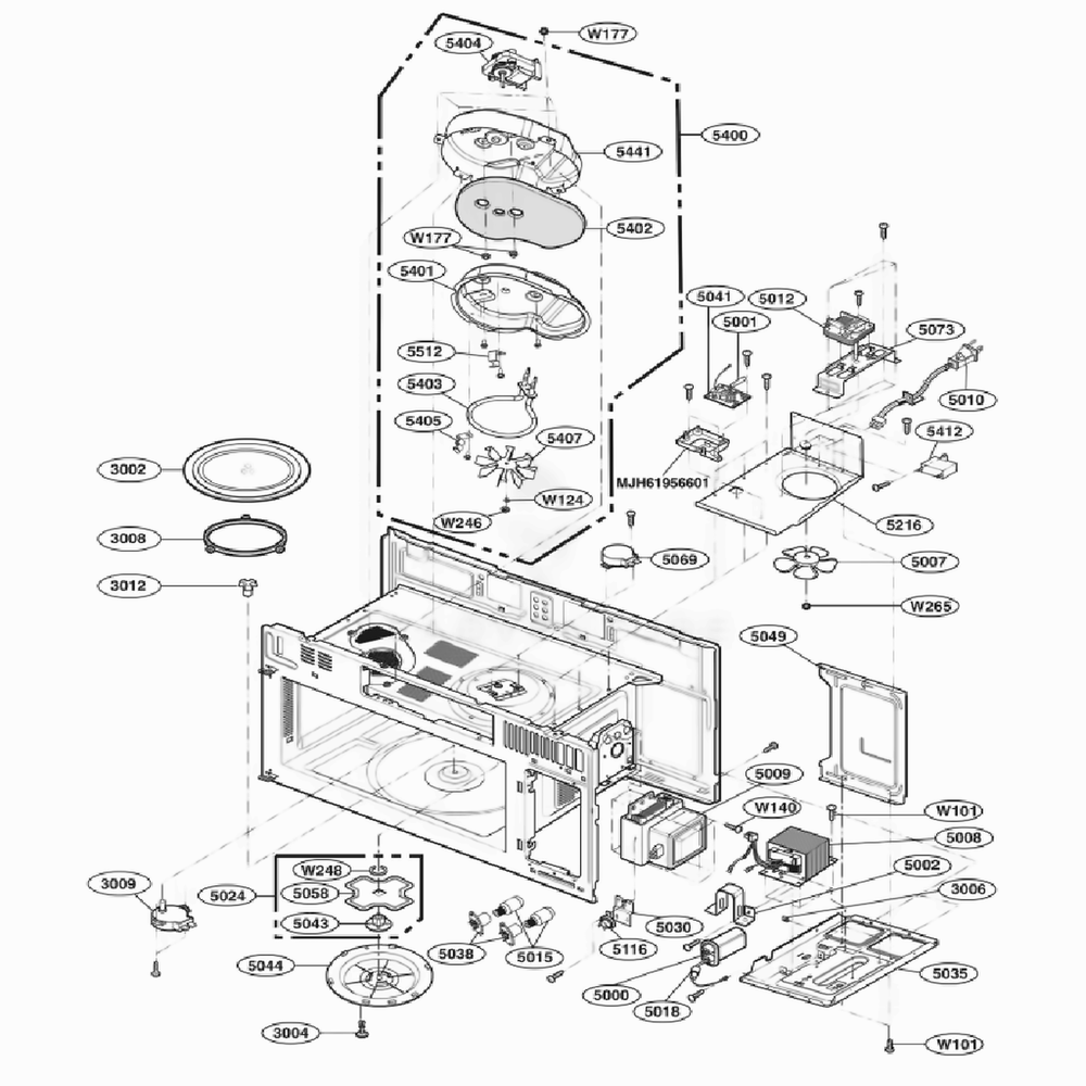 Interior Parts 1 Diagram and Parts List for LMHM2017SB CBKELGA LG Microwave