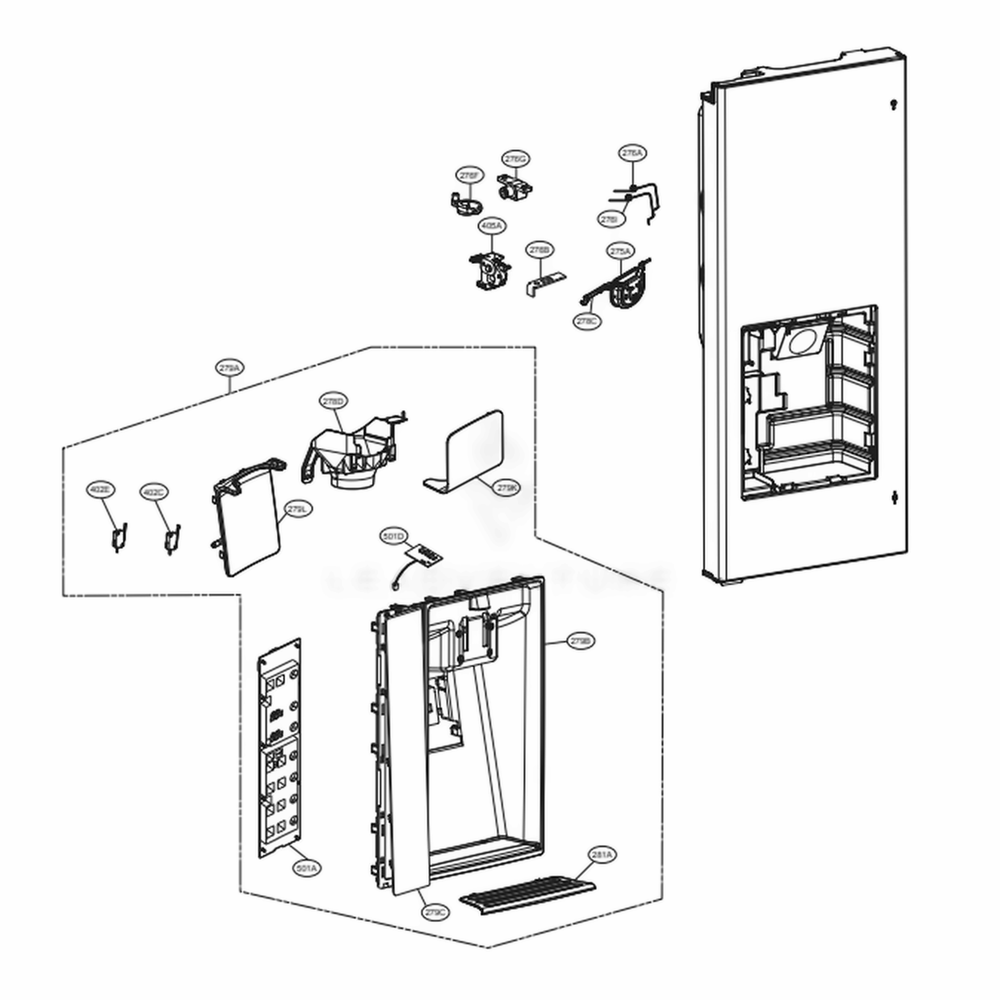 Dispenser Parts Diagram and Parts List for LFXC24726M AMTCNA0 LG Refrigerator