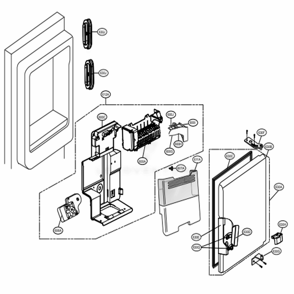 Ice Maker And Ice Bin Parts Diagram and Parts List for 74033 ASTCSE1 LG Refrigerator