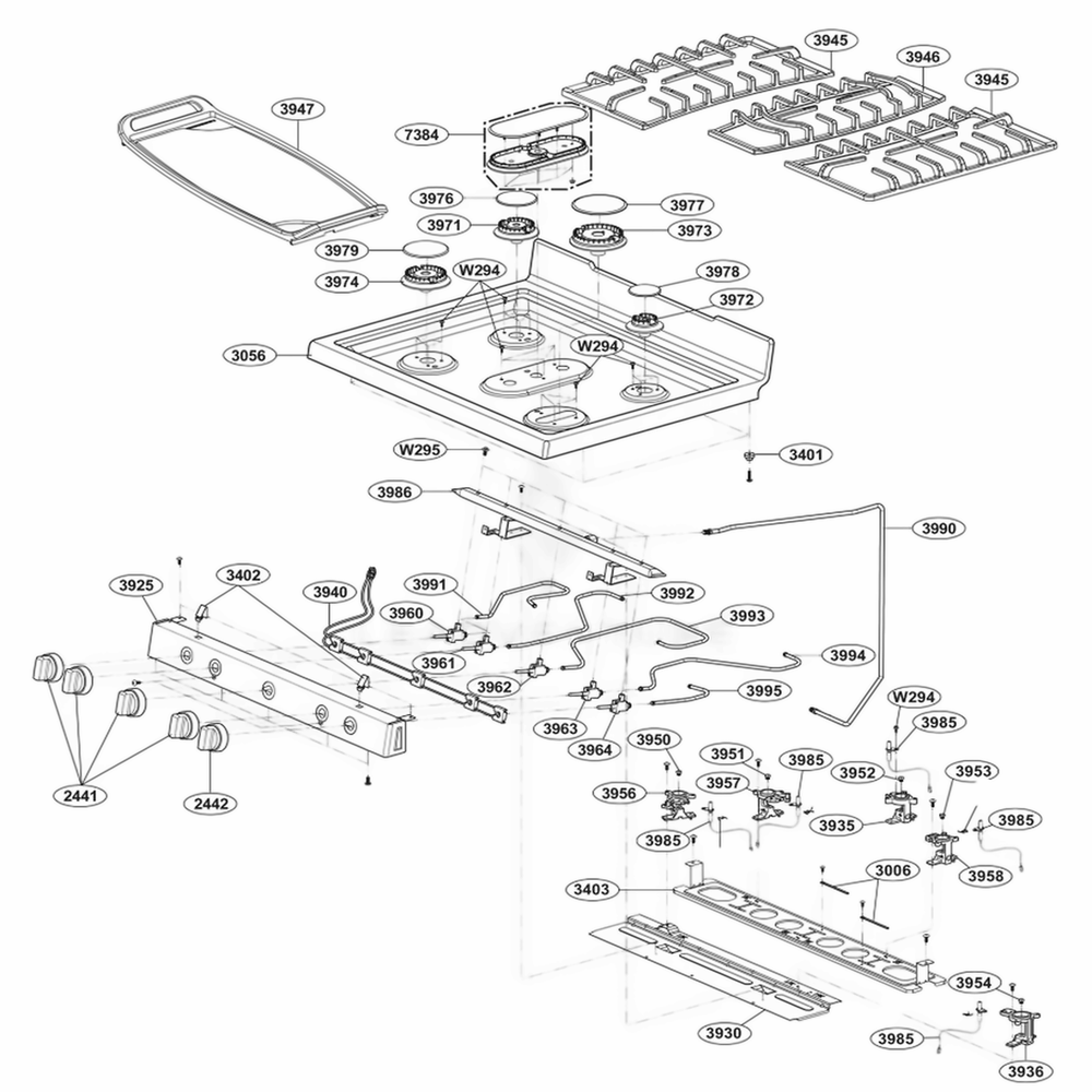 Cooktop Parts Diagram and Parts List for LRG3095SB FB2ELGA LG Range