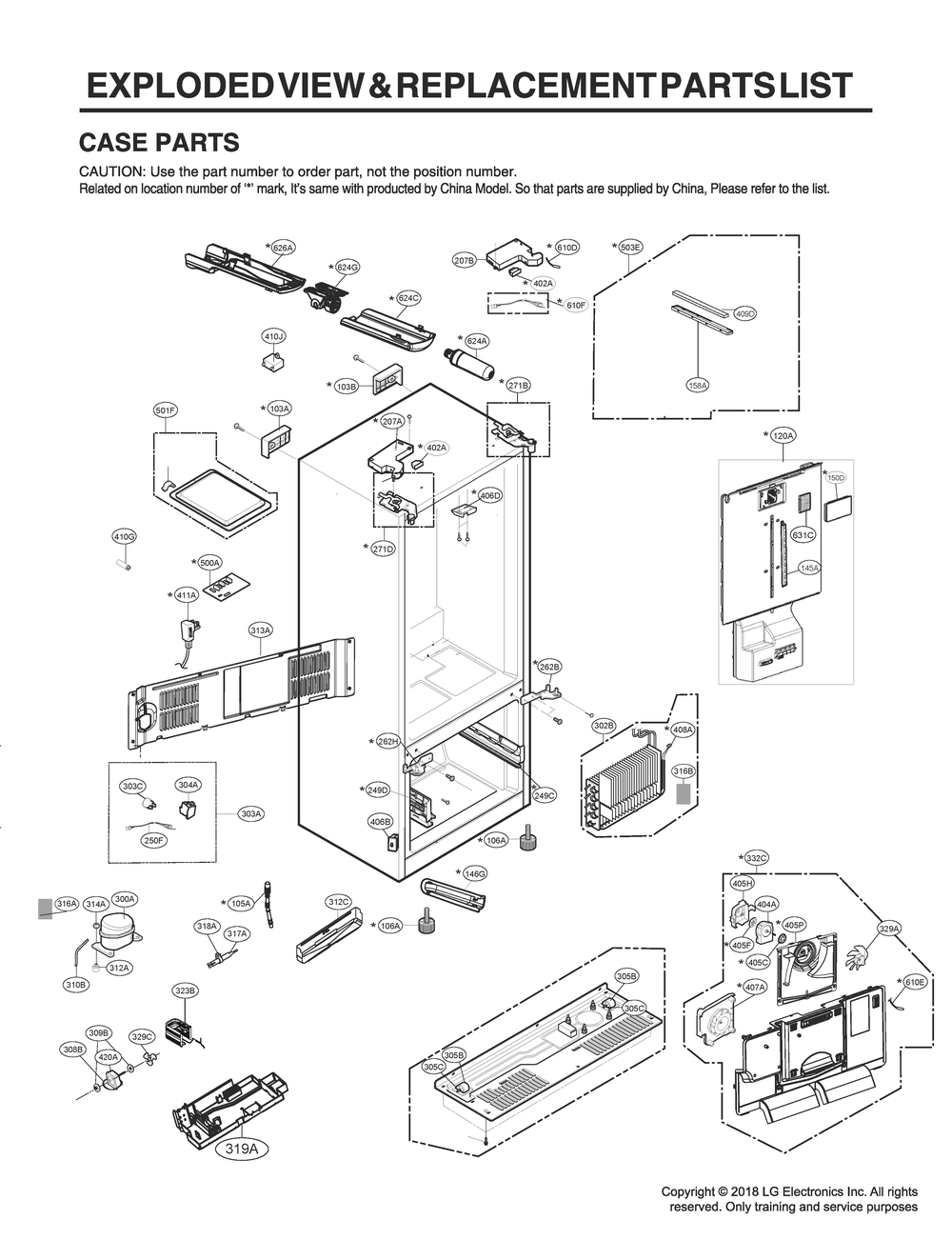 Case Parts Diagram and Parts List for GR-J288NSXM ASTCNA0 LG Refrigerator