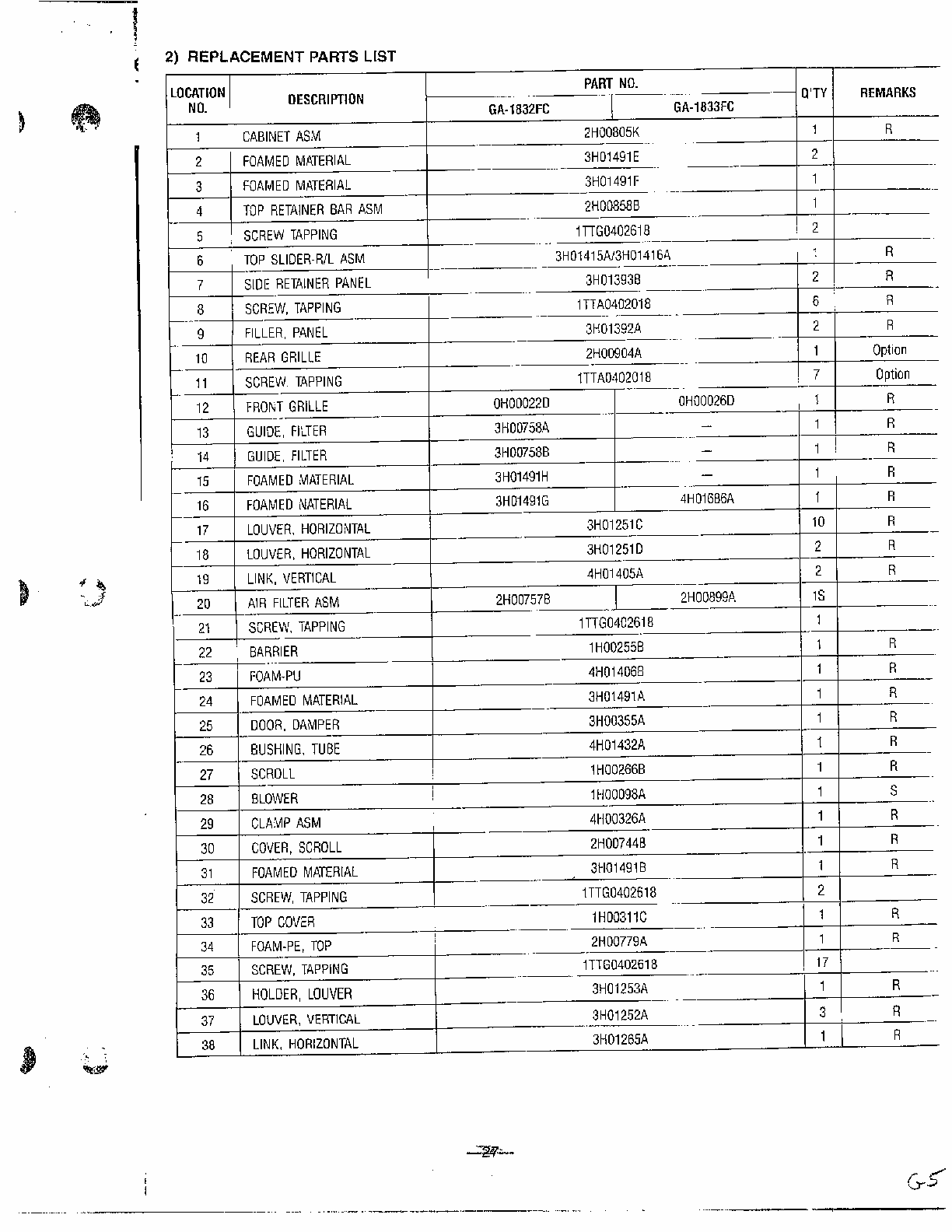 Room Air Conditioner Page 2 Diagram and Parts List for GA-1834FC  LG Air Conditioner