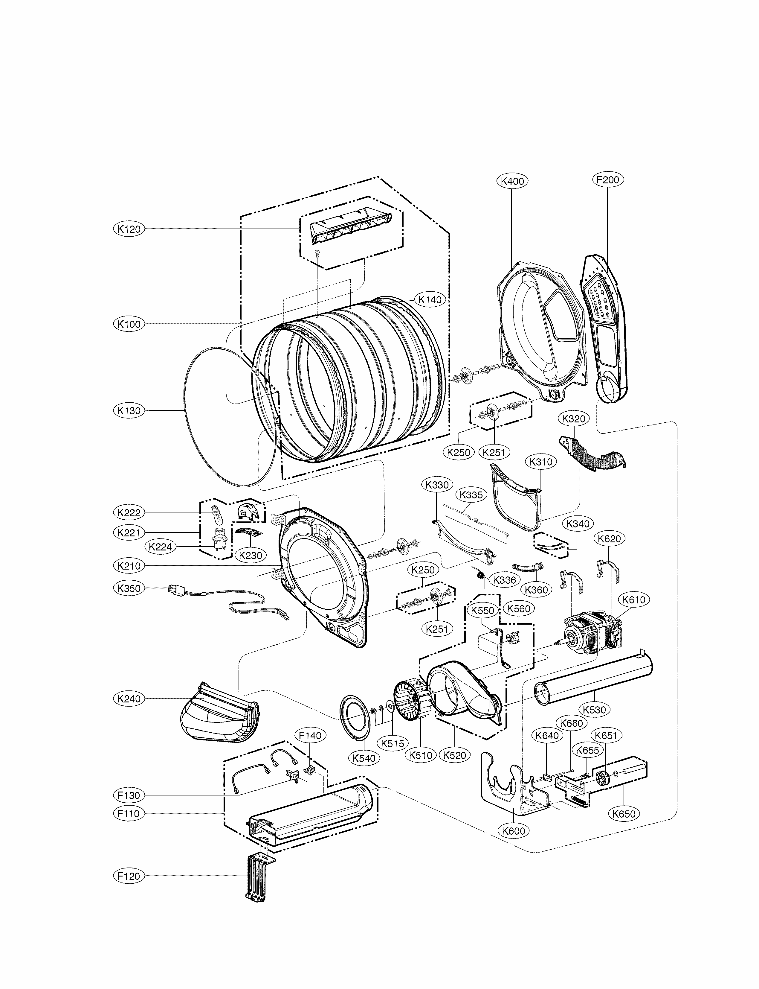 Drum And Motor Assembly Parts Diagram and Parts List for 79681182310  Kenmore Dryer