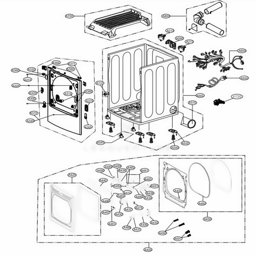 Cabinet And Door Assembly Gas Type Diagram and Parts List for DLGX7881WE ABWEEUS LG Dryer