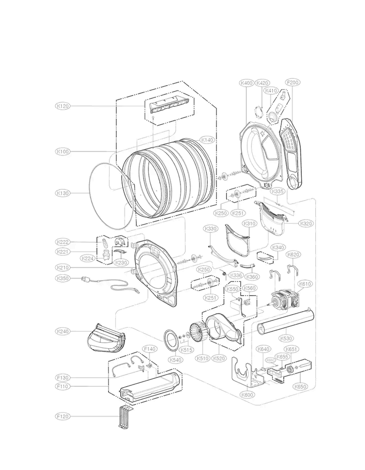 Drum And Motor Parts Diagram and Parts List for DLEX3250V  LG Dryer