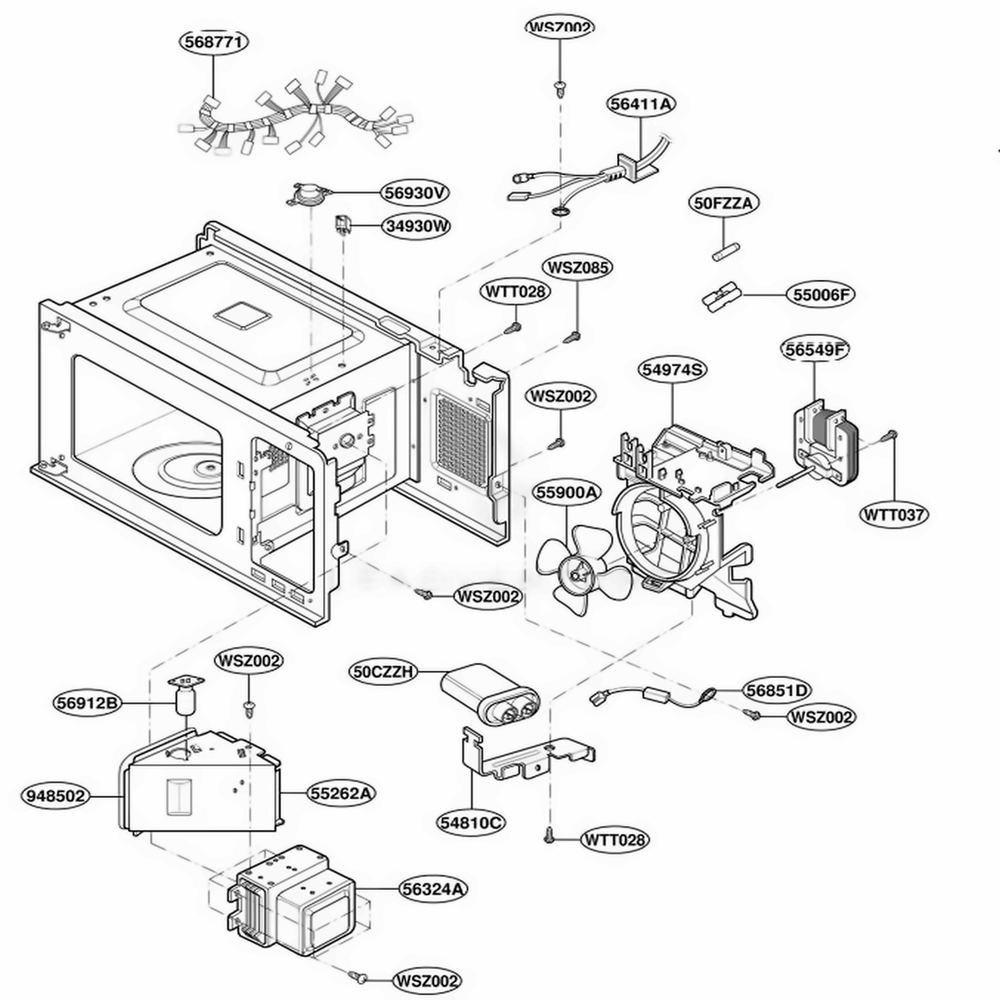 Interior Parts Diagram and Parts List for MK1195XGQ MWEWRP LG Microwave