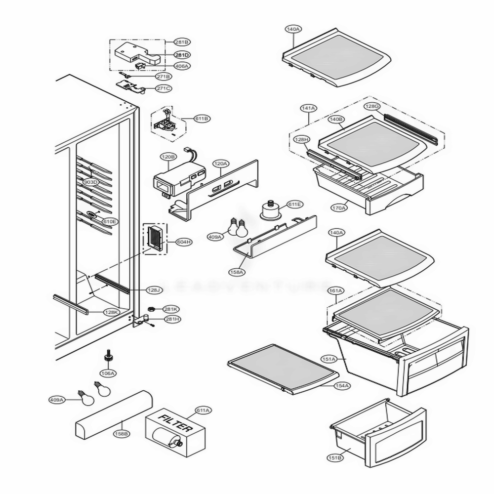 Refrigerator Compartment Diagram and Parts List for LSC27921ST AST2LGA LG Refrigerator
