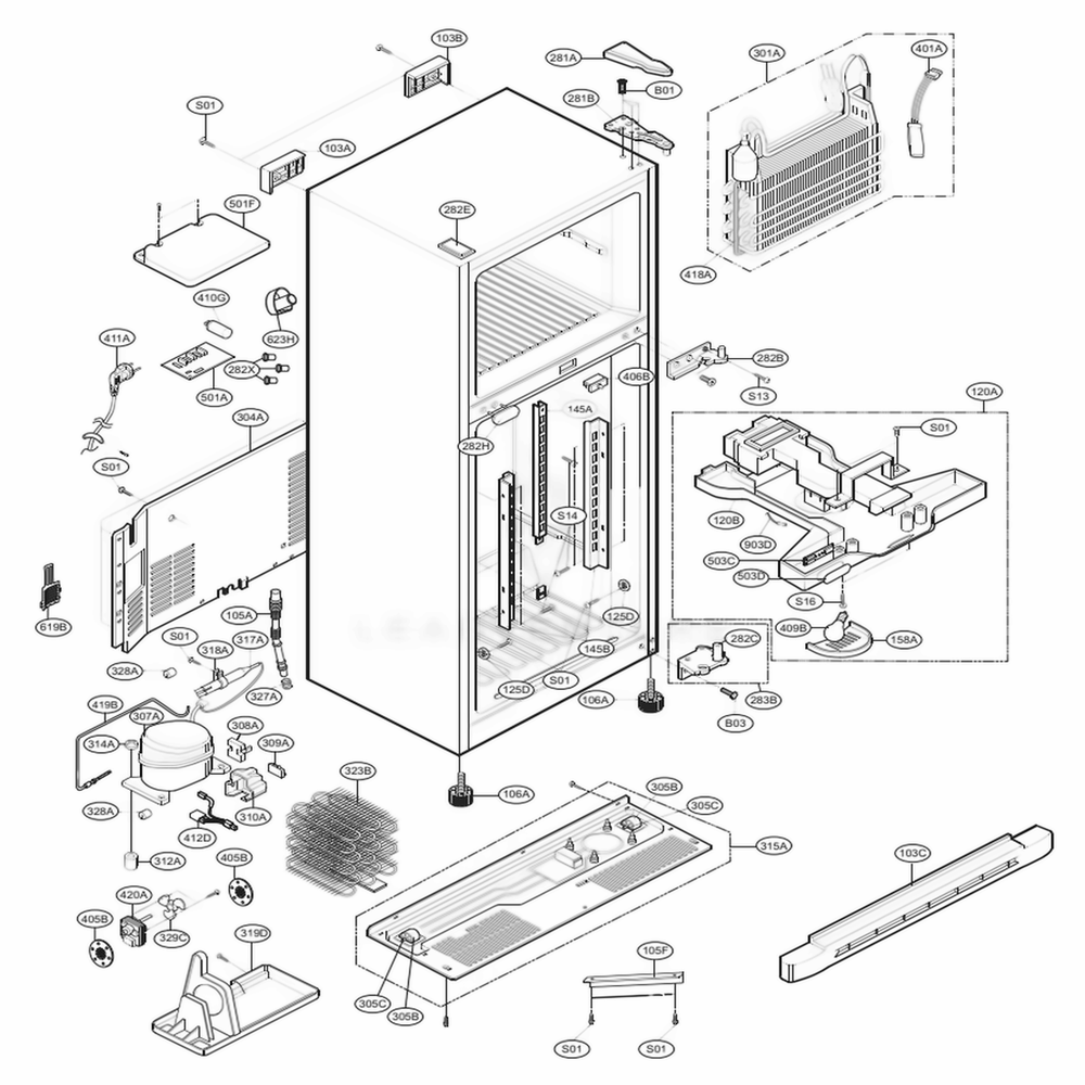 Case Parts Diagram and Parts List for 69979 AWB3SER LG Refrigerator
