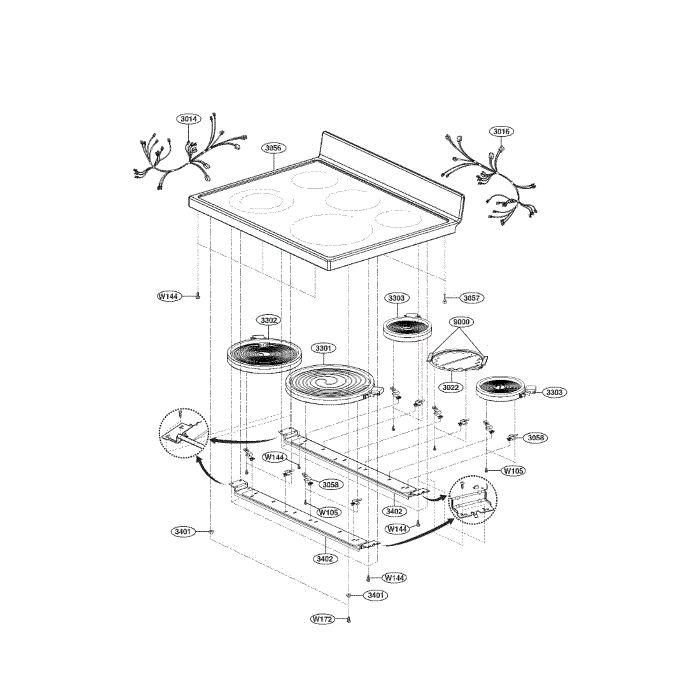 Cooktop Diagram and Parts List for LRE30453ST 00 LG Range