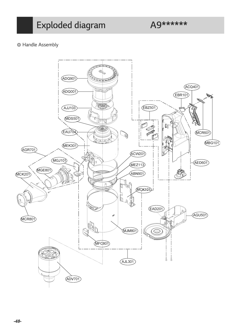 Handle Assembly Diagram and Parts List for S97KCTSWH BBBELGA LG Canister Vacuum