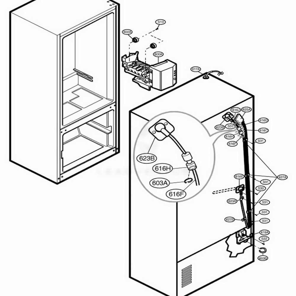 Ice Maker Parts Diagram and Parts List for 77554 ABICSEF LG Refrigerator