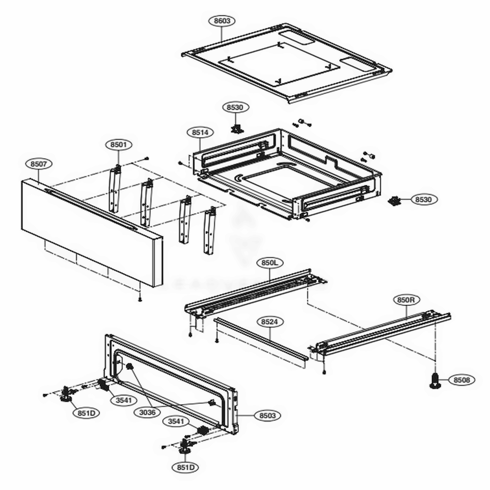 Drawer Parts Diagram and Parts List for LREL6323S FSTLLGA LG Range