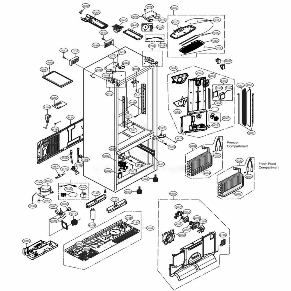 Case Parts Diagram and Parts List for LSFXC2496D ASBCNA0 LG Refrigerator