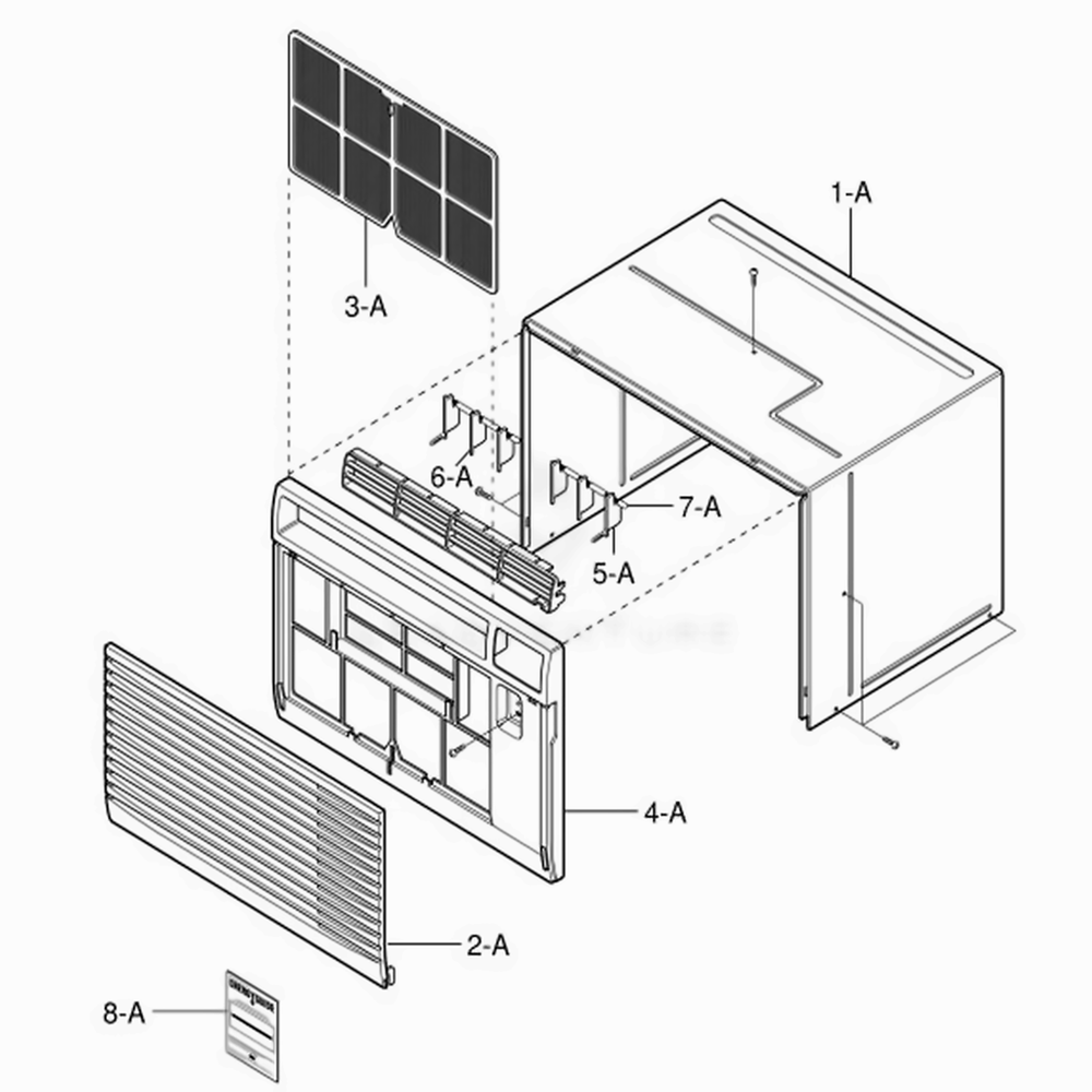 Cabinet And Front Grille Assembly Diagram and Parts List for 580 AWYBSRU LG Air Conditioner
