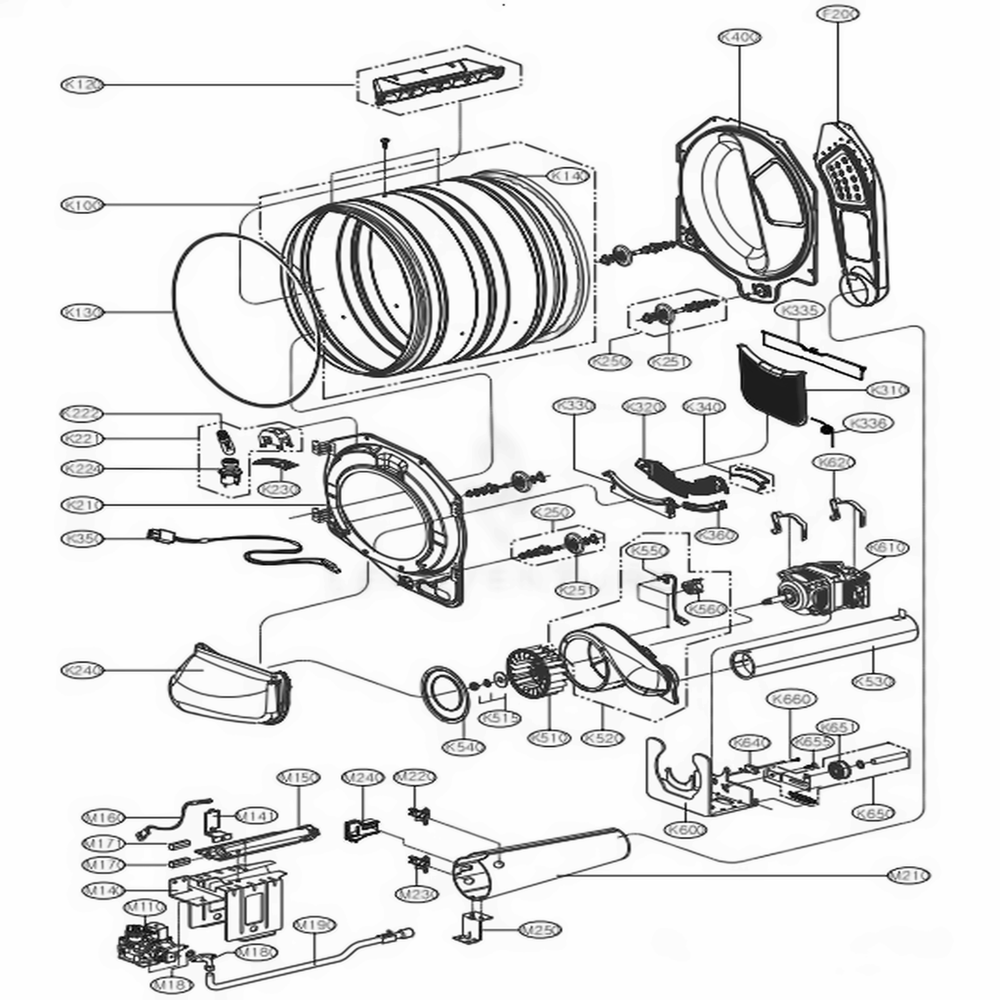 Drum And Motor Assembly: Gas Type Diagram and Parts List for 91272 ABWESEU LG Washer Dryer Combo
