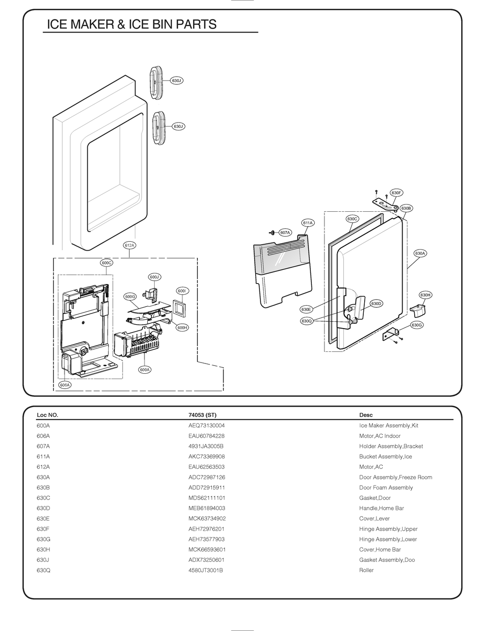 Ice Maker And Ice Bin Parts Diagram and Parts List for GR-J268LSTM ASTCSE2 LG Refrigerator