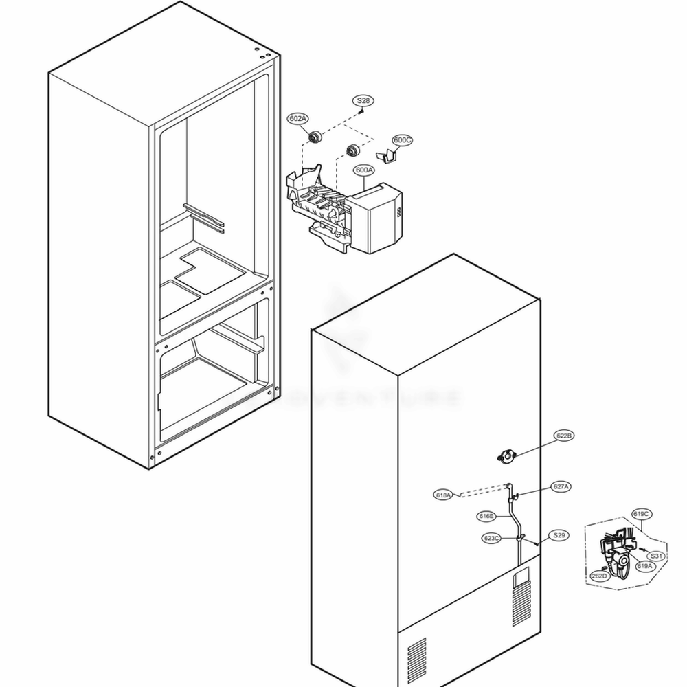Water And Ice Maker Parts Diagram and Parts List for 78306 ATI5SER LG Refrigerator