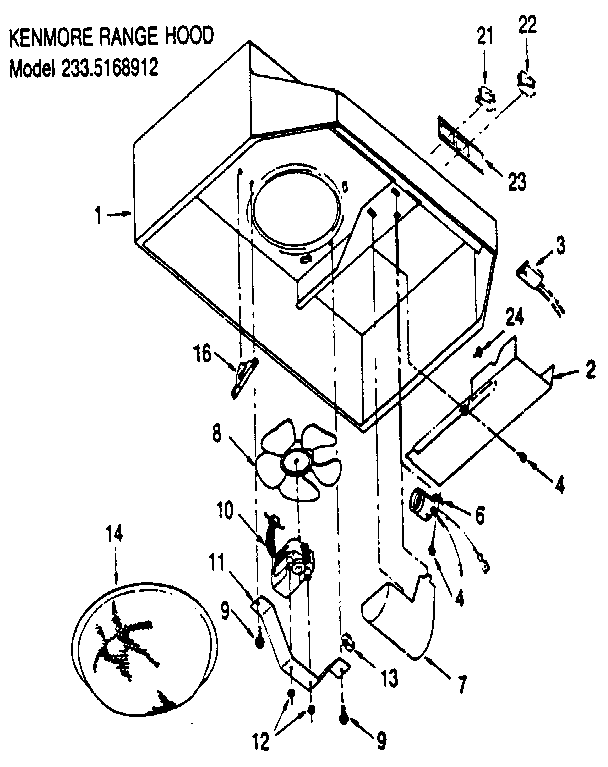 Range Hood Diagram and Parts List for 2335168912  Kenmore Range Hood