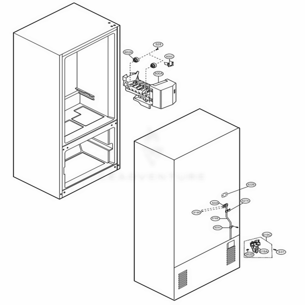 Ice And Maker Parts Diagram and Parts List for LRFC22750WW ASWCLGY LG Refrigerator