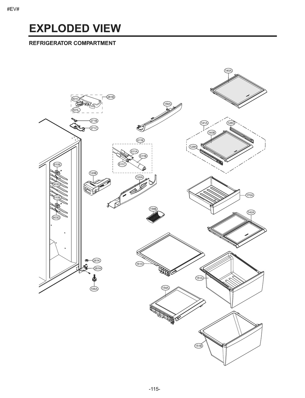 Refrigerator Compartment Diagram and Parts List for GM-L237MQFP ASW2SER LG Refrigerator