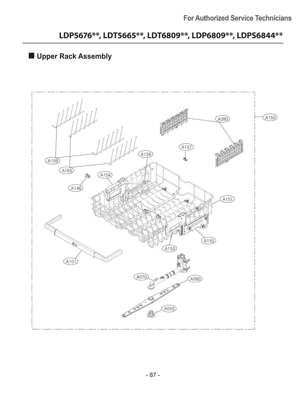 Upper Rack Assembly Diagram and Parts List for DUA414TD ABDEEUS LG Dishwasher