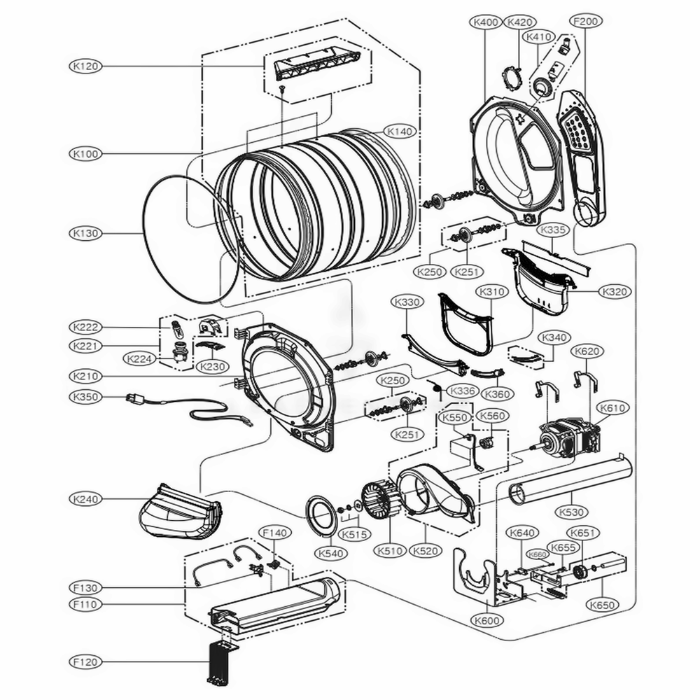 Drum And Motor Assembly Electric Type Diagram and Parts List for DLEX3250W ABWEEUS LG Dryer