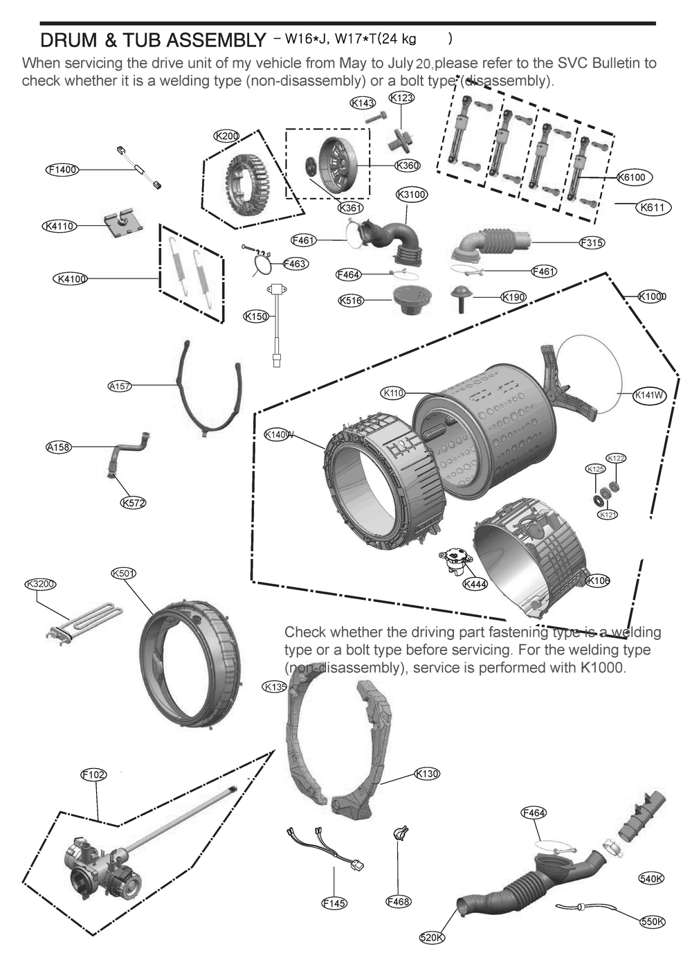 Drum And Tub Assembly Diagram and Parts List for WKHC252HBA ABLEEUS LG Washer Dryer Combo