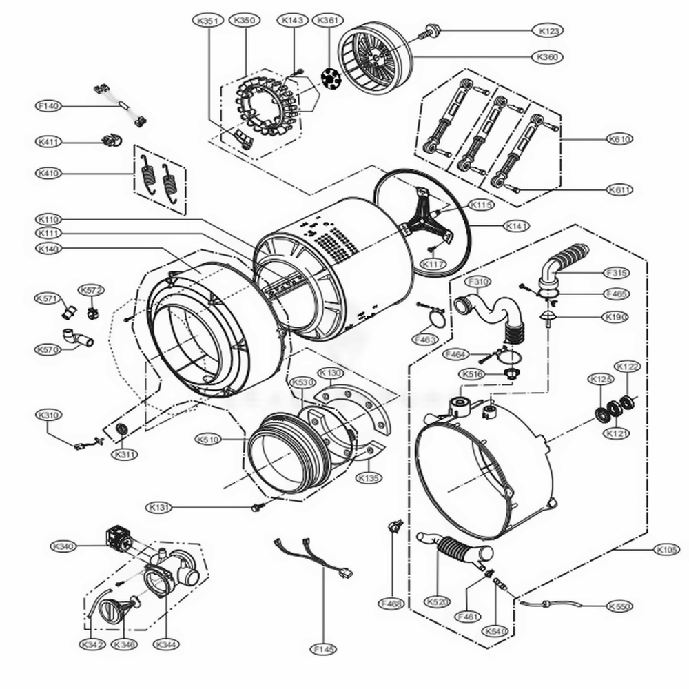 Drum And Tub Assembly Diagram and Parts List for GCW1069LS ABWEELC LG Washer