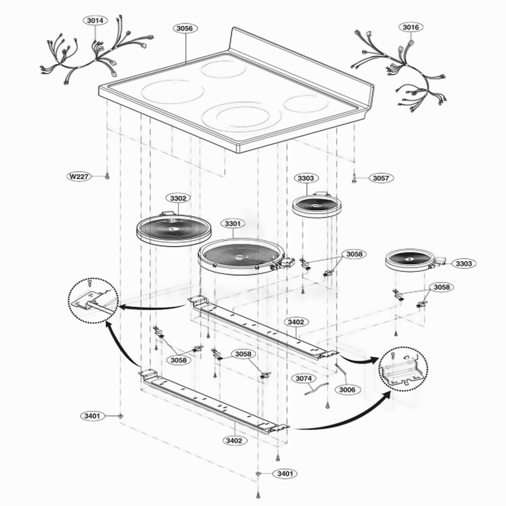 Cooktop Parts Diagram and Parts List for LRE3091SB FBKLLCA LG Range