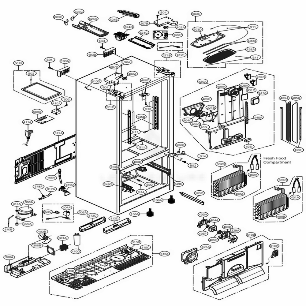 Case Parts Diagram and Parts List for 72069 AWBCSE2 LG Refrigerator