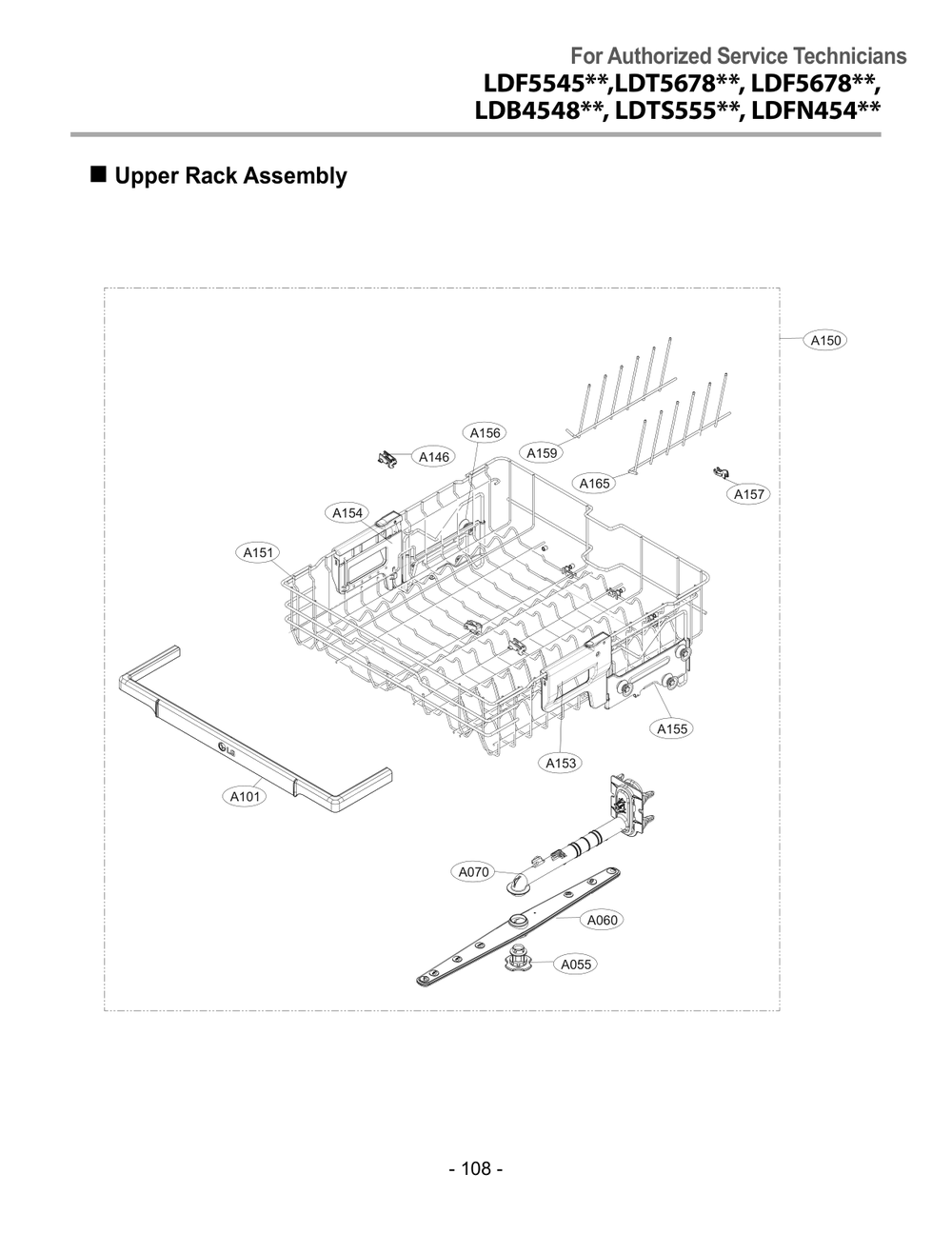 Upper Rack Assembly Diagram and Parts List for DUA513FT ASTESNA LG Dishwasher