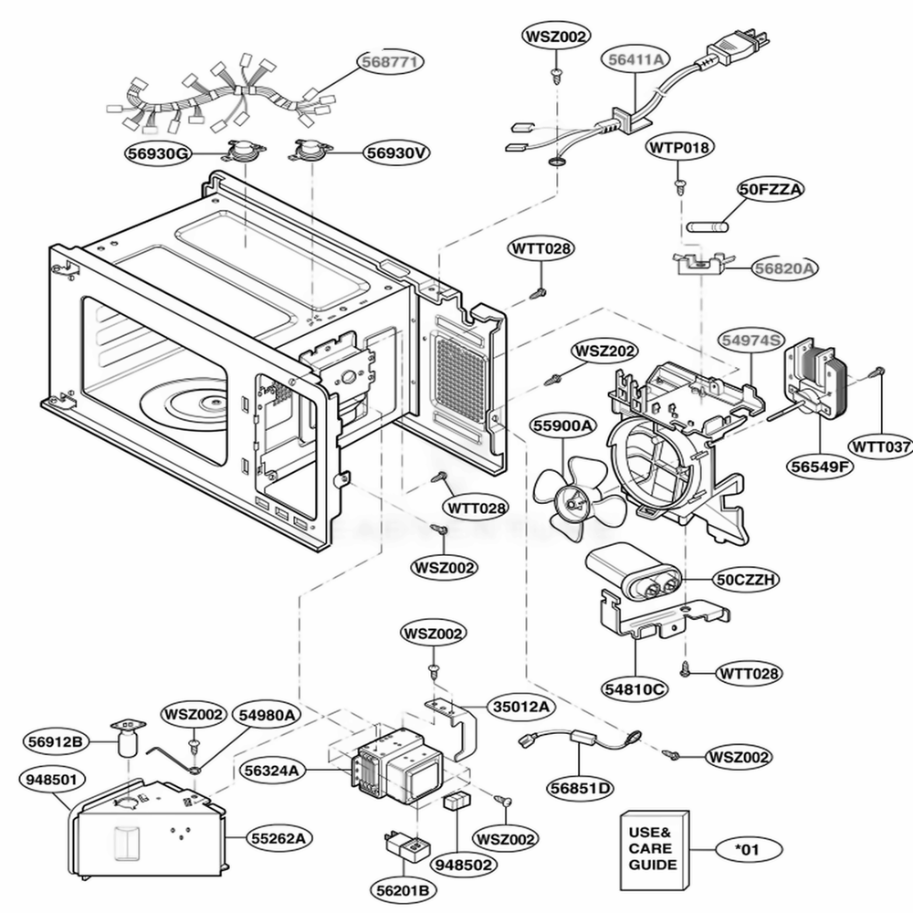 Interior Parts 1 Diagram and Parts List for JES1351WB CWHEGEU LG Wall Oven