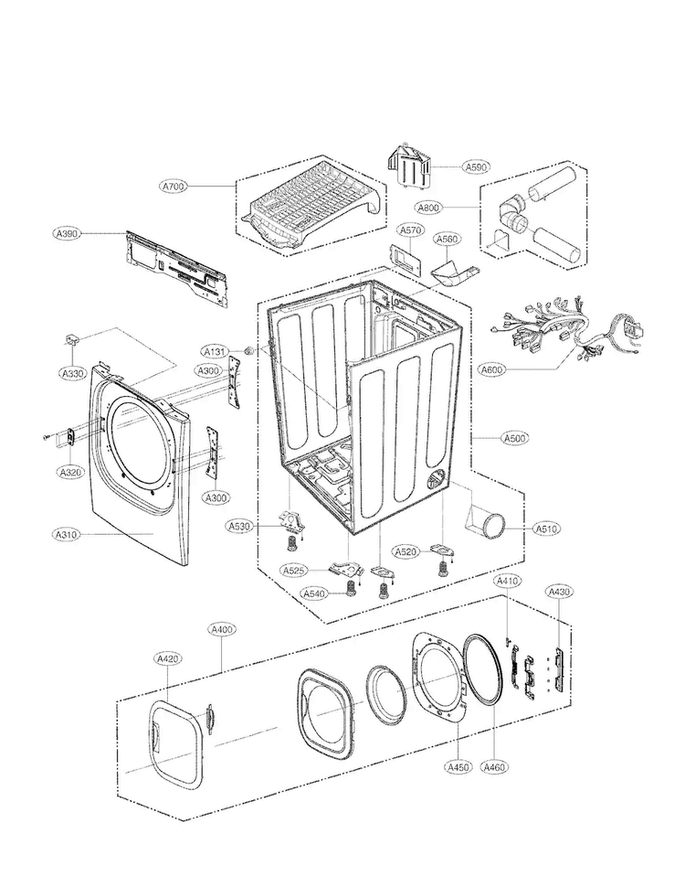 Cabinet And Door Assembly Parts Diagram and Parts List for DLEX4070W  LG Dryer