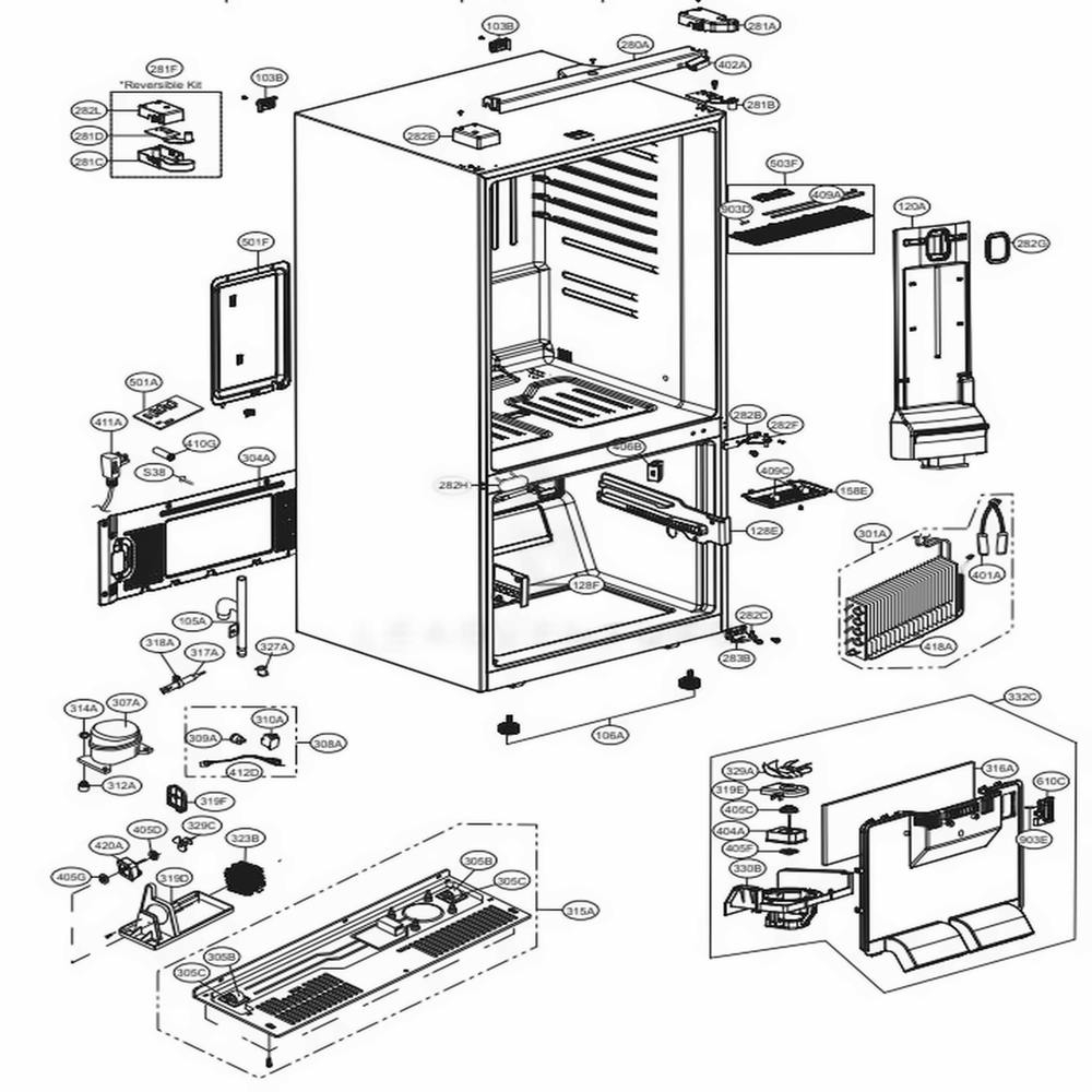 Case Parts Diagram and Parts List for 78029 AWBCSE2 LG Refrigerator