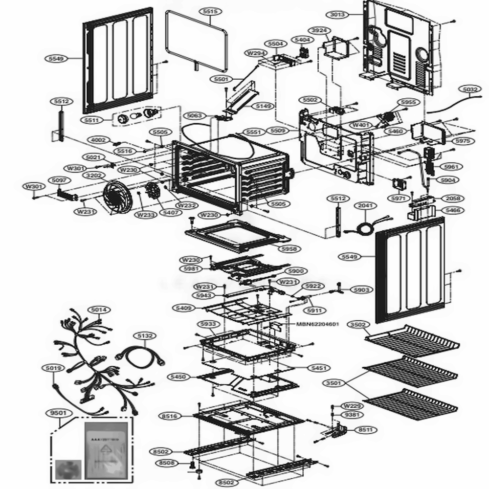 Lower Cavity Parts Diagram and Parts List for 76033 FSTESEA LG Range