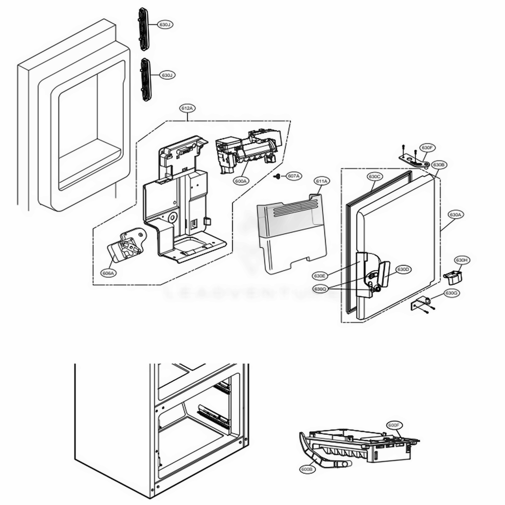 Ice Maker And Ice Bin Parts Diagram and Parts List for LFX28979SB AWBCNA1 LG Refrigerator