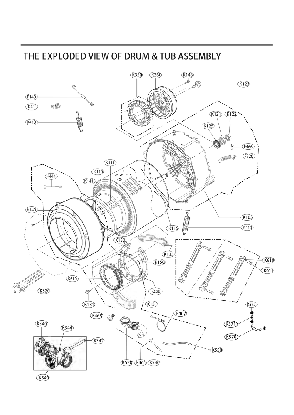 Drum And Tub Assembly Diagram and Parts List for WM1455HVA ASSEPUS LG Washer
