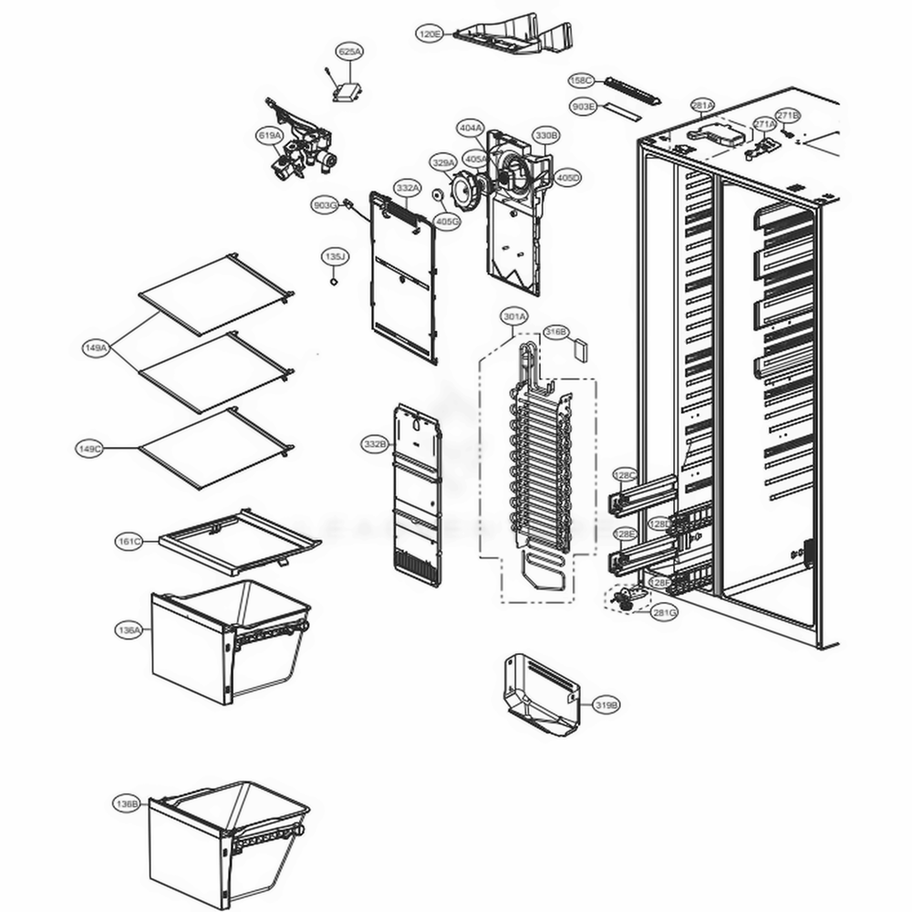 Freezer Compartment Diagram and Parts List for LSXS26326S ASTCNA9 LG Refrigerator