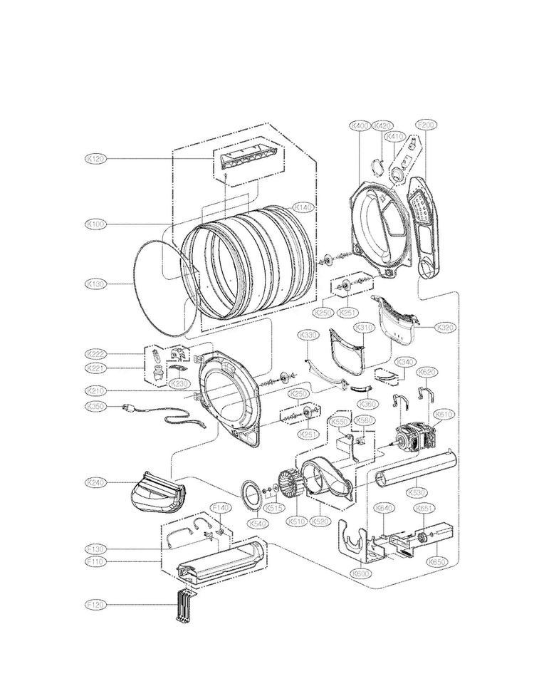 Drum And Motor Assembly Diagram and Parts List for DLGX2802W  LG Dryer