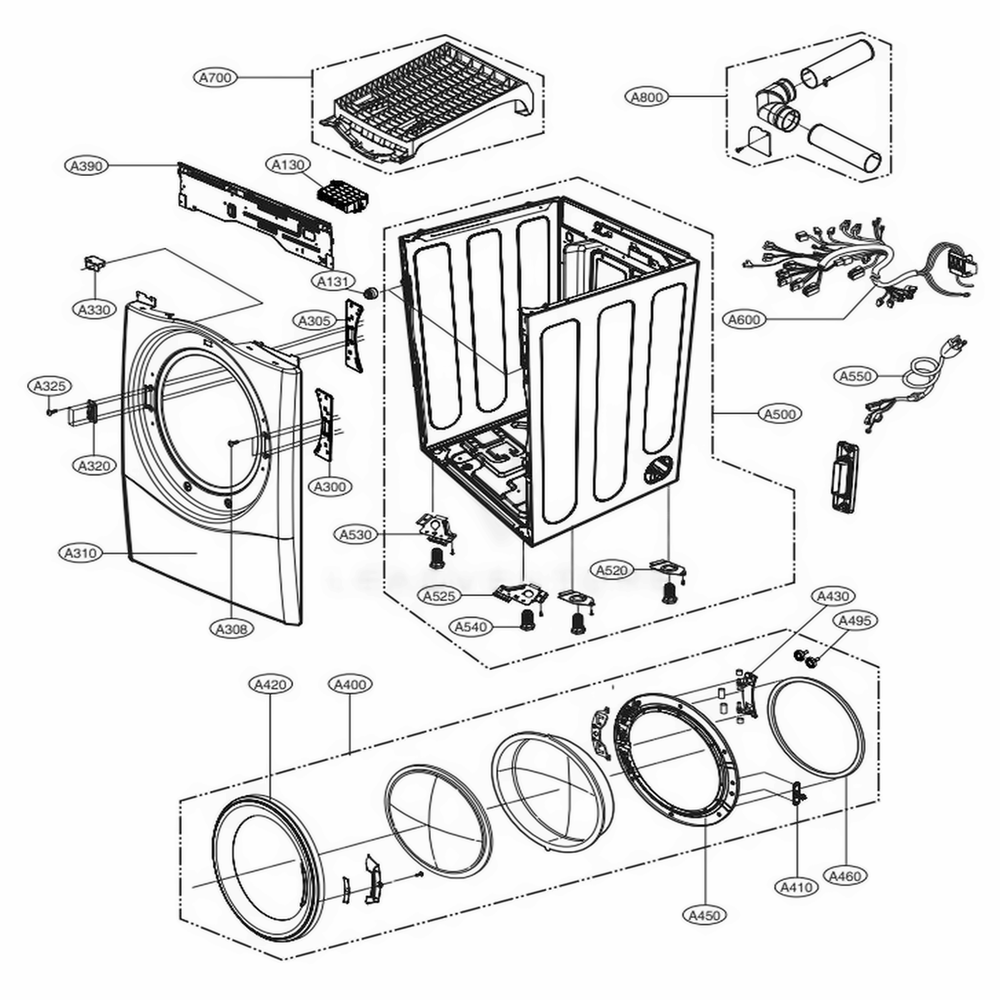 Cabinet And Door Assembly Diagram and Parts List for DLG3501W ABWEEUS LG Dryer