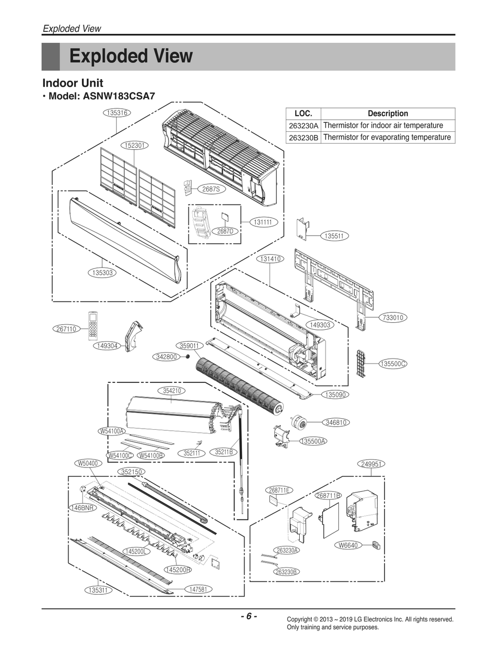 Indoor Unit Diagram and Parts List for ASNW183CSA7 ANWBEUS LG Air Conditioner