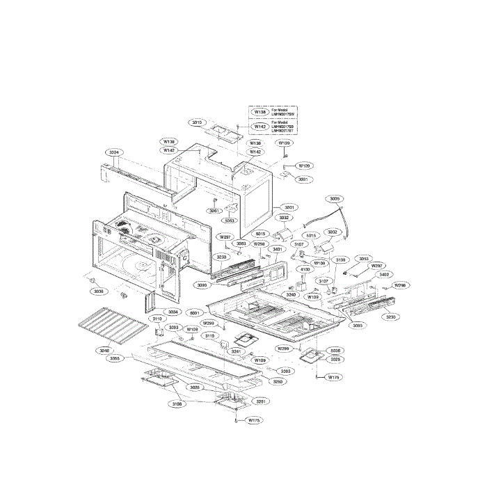 Oven Cavity Assembly Diagram and Parts List for LMHM2017ST 00 LG Microwave