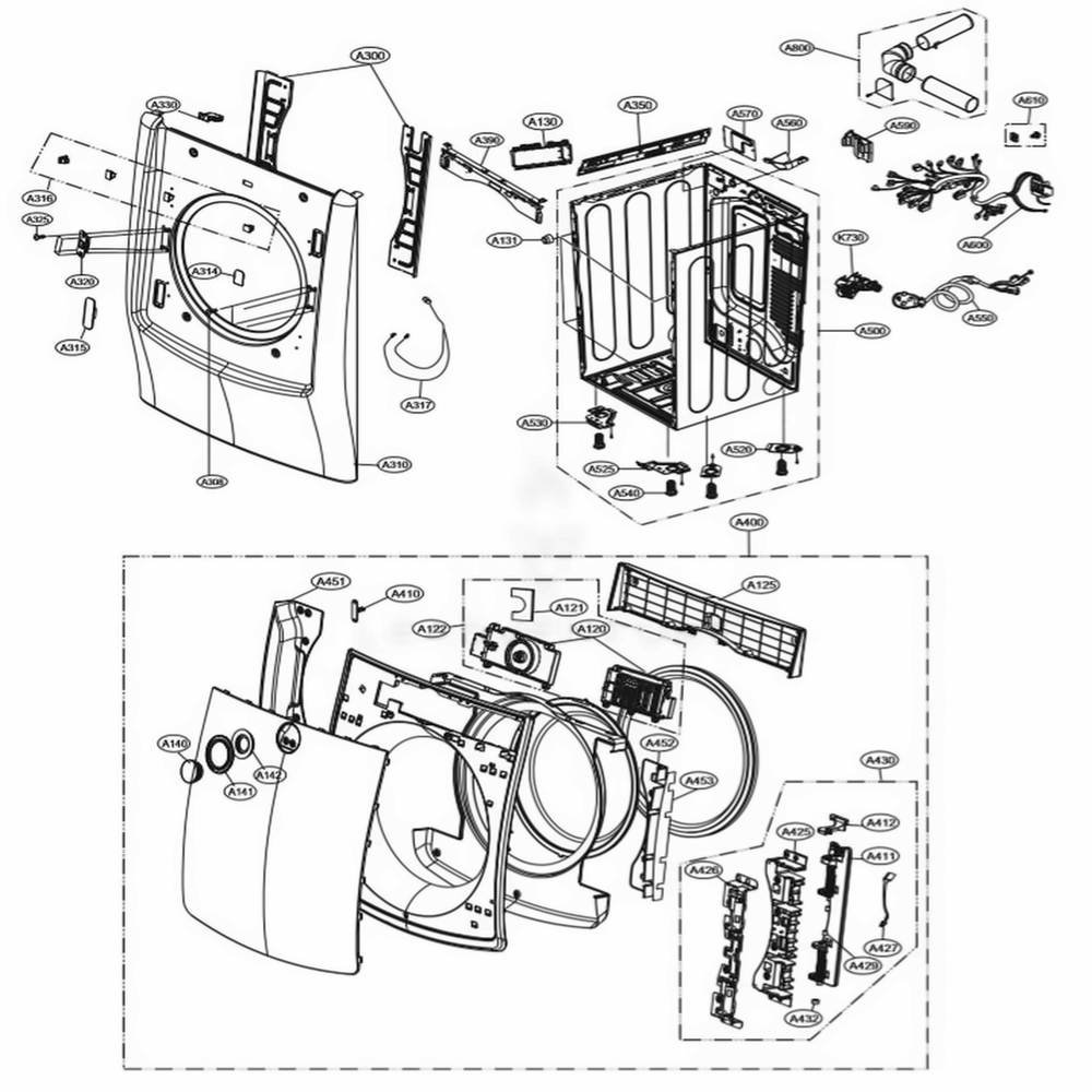 Cabinet And Door Assembly Electric Type Diagram and Parts List for DLEX5000W ABWEEUS LG Dryer