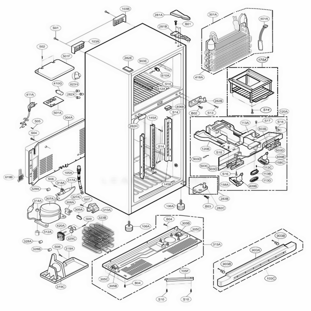 Case Part Diagram and Parts List for LRTN22330SW ASWCLGY LG Refrigerator
